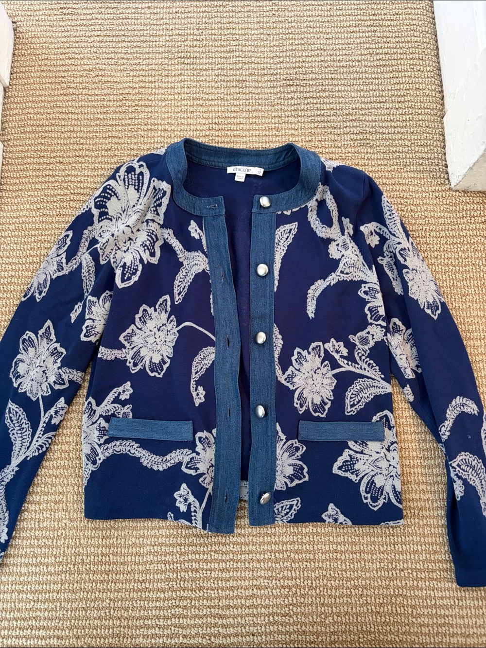 Chico's Navy Floral Button-Front Jacket